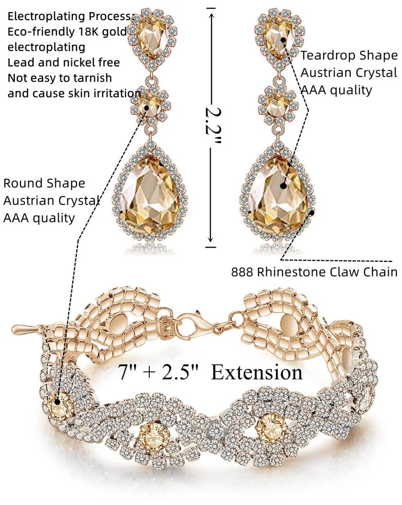 Paxuan Bridal Wedding Jewelry Set - Crystal Rhinestone Earrings & Bracelets (Champagne - Set) - Image 2